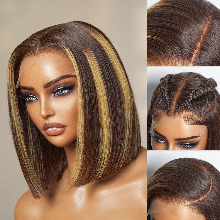 TianaHair 6x4 Lace Honey Blonde Highlight Silky Blunt Cut Wear Go Pre-Plucked Bob Wig.