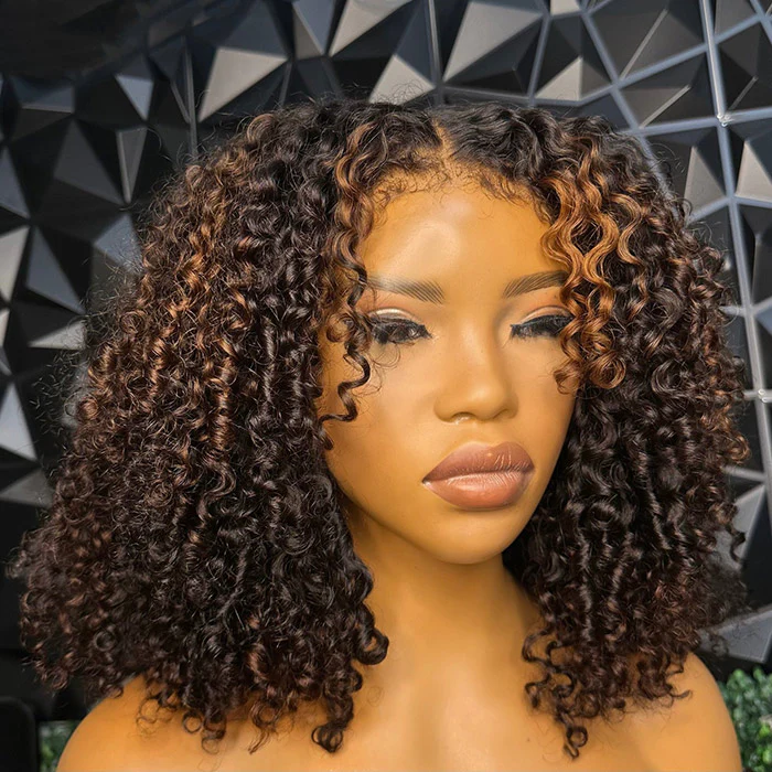 4x4/7x5 Lace Highlights Balayage Layer Cut 4C Edges Hairline Coily Curly Short Bob Glueless Wig Human Hair