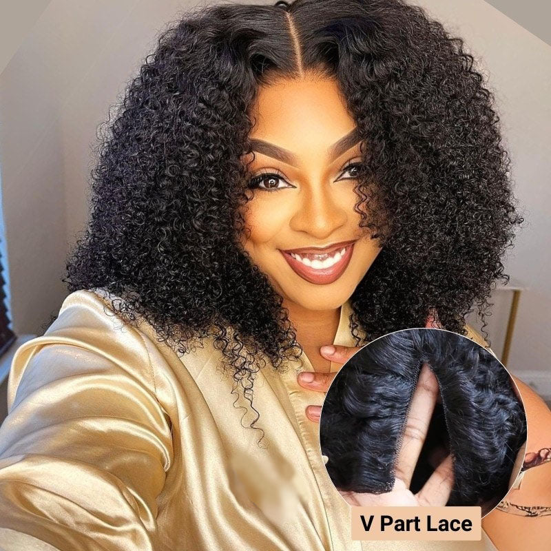 TianaHair V Part Kinky Curly Glueless Wigs Pre-plucked 100% Human Hair.