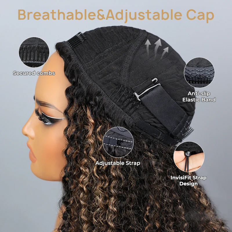 3 IN 1 HALF WIG Highlight Brown Kinky Curly Half Wig Draw-strings Flip Over Wig