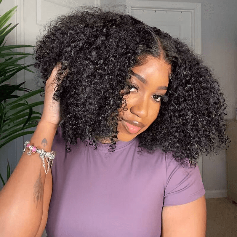 Perruque Afro Kinky Curly 6x4 pré-assemblée et transparente en dentelle sans colle 