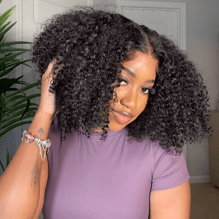 Perruque Afro Kinky Curly 6x4 pré-assemblée et transparente en dentelle sans colle 