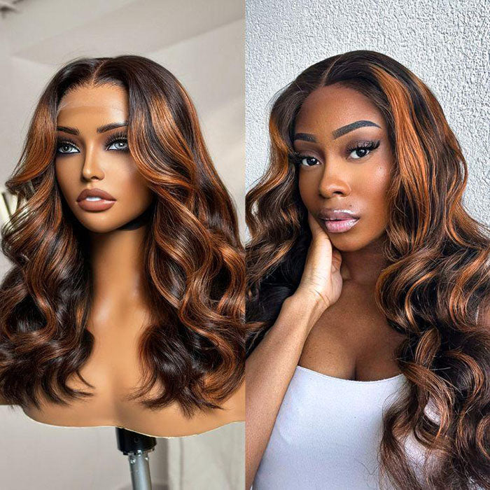 Elegant Copper Ombre Highlights Loose Body Wave Glueless 6x4 Lace Wig