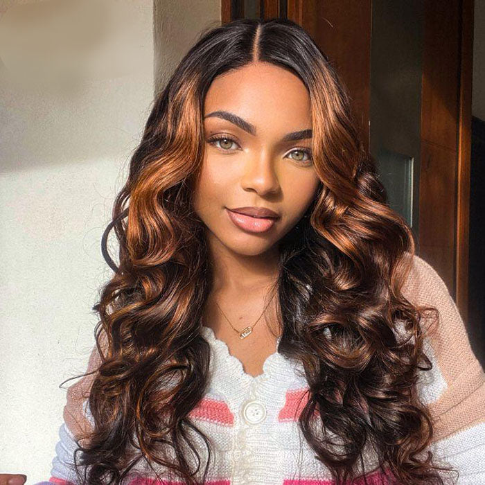 Elegant Copper Ombre Highlights Loose Body Wave Glueless 6x4 Lace Wig