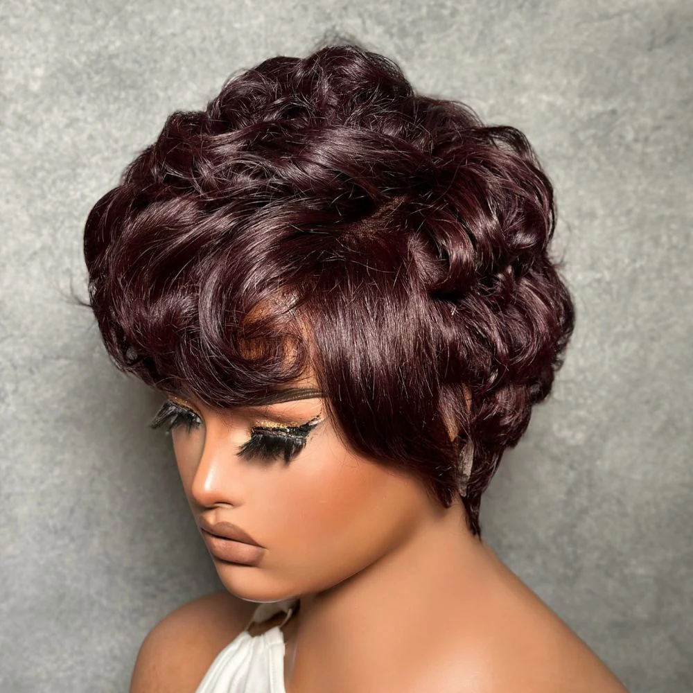 No Lace Put On & Go Dark Burgundy Pixie Cut Wig 100% Human Hair