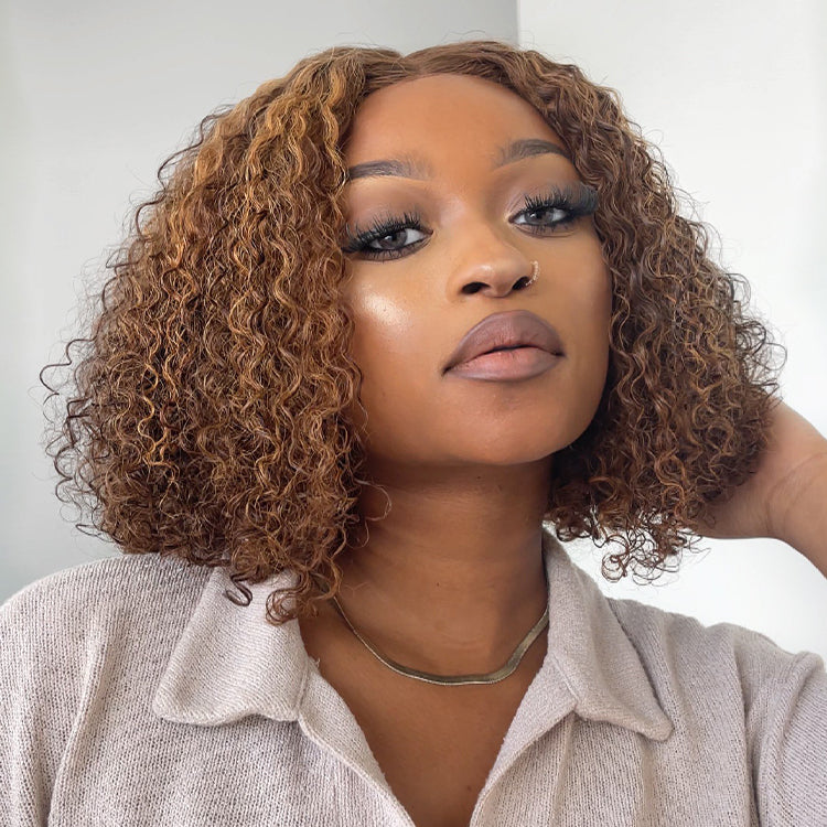 TianaHair Mix Color Brown Curly Bob Wig 6x4 Glueless Pre-Plucked Wig 100% Human Hair.