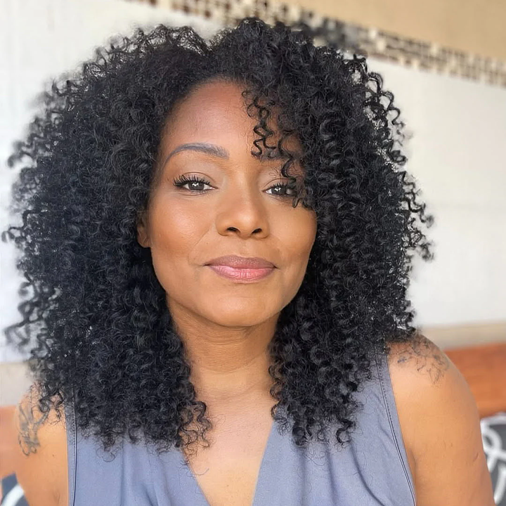 No Lace Put on & Go Natural Black Tight Deep Curly With Bang Wig 100% Human Hair Wig