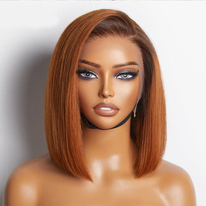 TianaHair Ginger Ombre Silky Blunt Cut Glueless 6x4 Lace Short Bob Wig 100% Human Hair.