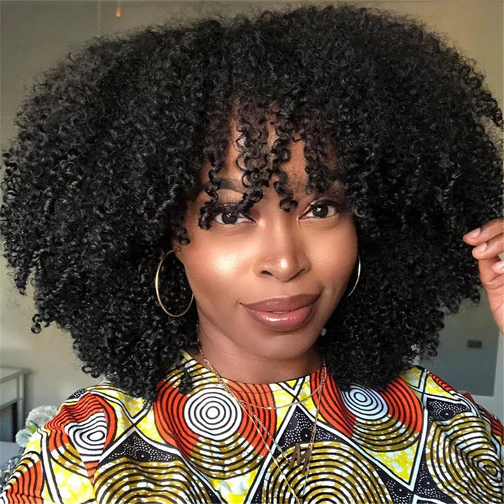 Bouncy Jerry Curl Throw On & Go Afro Curly Glueless Short Curly Wig with Bangs