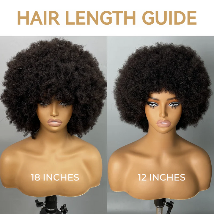 Afro Curly Bangs Wig Short Bob Fluffy Full Machine Made 100% Human Hair Wig