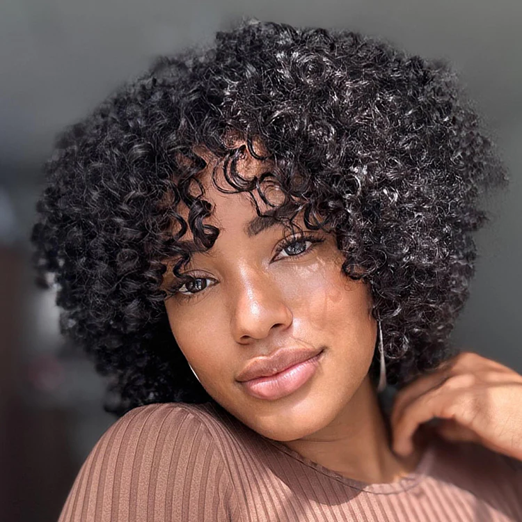 Shaggy Wolf Cut Throw On & Go Afro Curly Glueless Short Curly Wig with Bangs