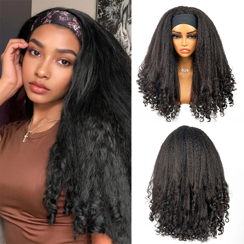 Kinky Straight Headband Wig With Spiral Curly Ends 100% Human Hair Glueless Wig