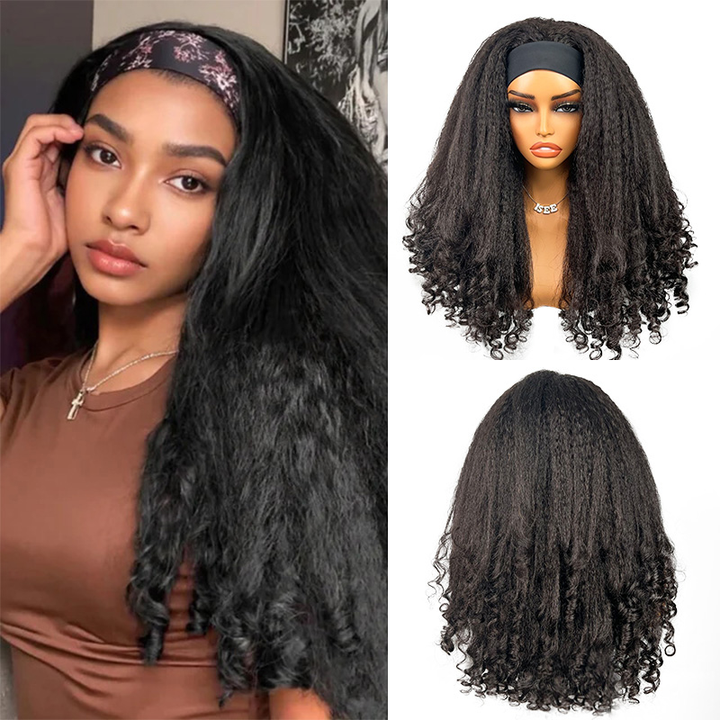 Kinky Straight Headband Wig With Spiral Curly Ends 100% Human Hair Glueless Wig