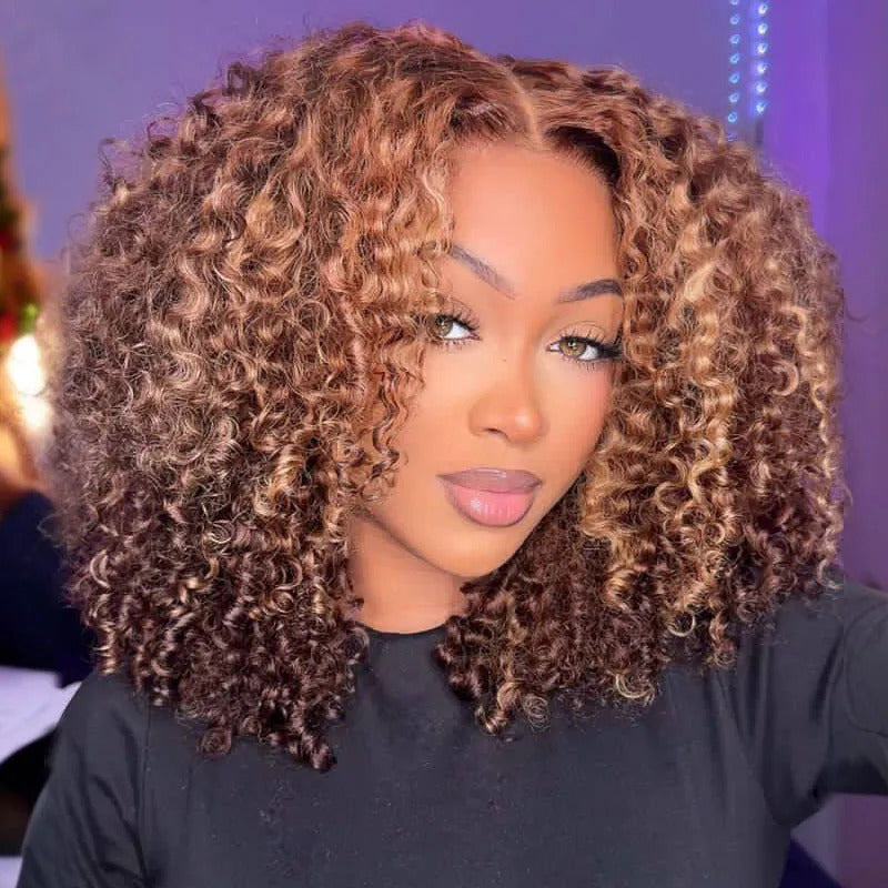 TianaHair Wear Go 6x4 Highlight Brown Wigs Kinky Curly Pre-plucked Glueless Lace Wigs.