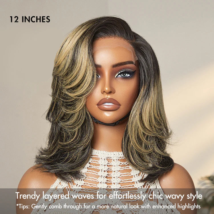 Honey Blonde Highlight Layered Cut 4X4 Lace Glueless Wig Human Hair Wig