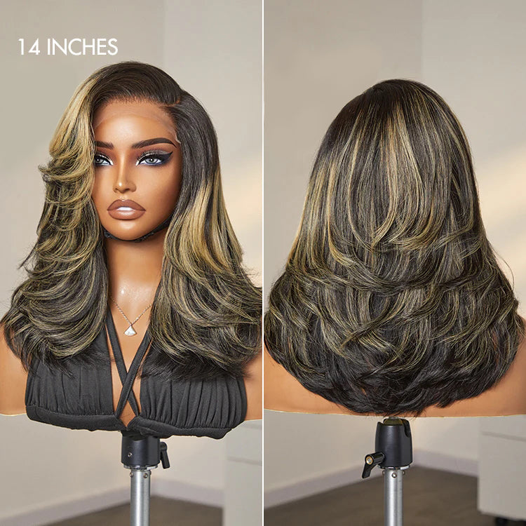 Honey Blonde Highlight Layered Cut 4X4 Lace Glueless Wig Human Hair Wig