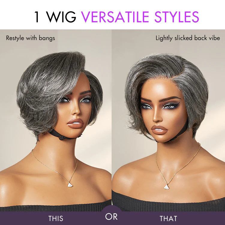 Salt and Pepper Short Pixie Cut Wig Glueless 4X4 Lace Grey Wig