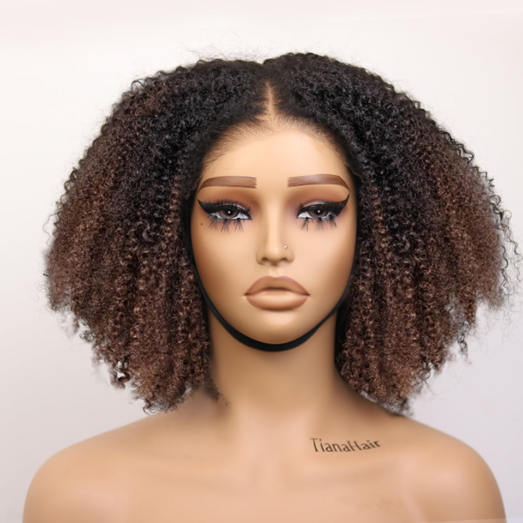 TianaHair Afro Kinky Curly Ombre Chocolate 6x4 Pre-Plucked & Transparent Lace Wear Go Glueless Wig.