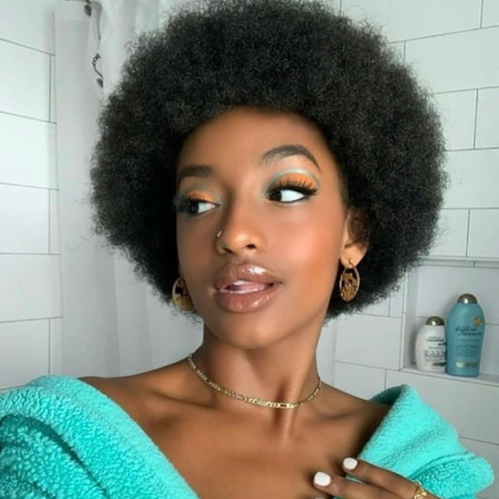 Afro Curly Bangs Wig Short Bob Fluffy Full Machine Made 100% Human Hair Wig