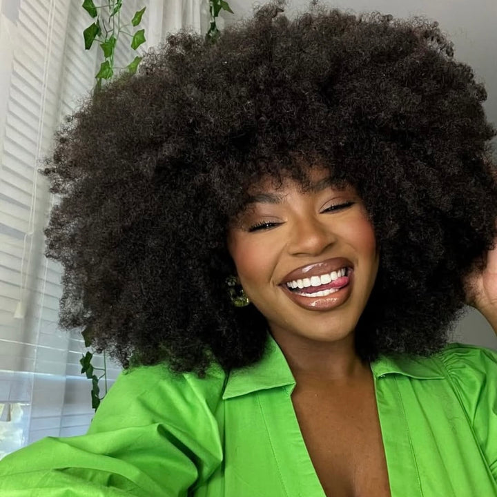 Afro Curly Bangs Wig Short Bob Fluffy Full Machine Made 100% Human Hair Wig