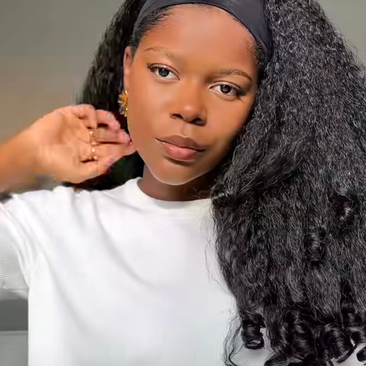 Kinky Curly Glueless No Lace Stirnband Lange Perücke 100 % Echthaar