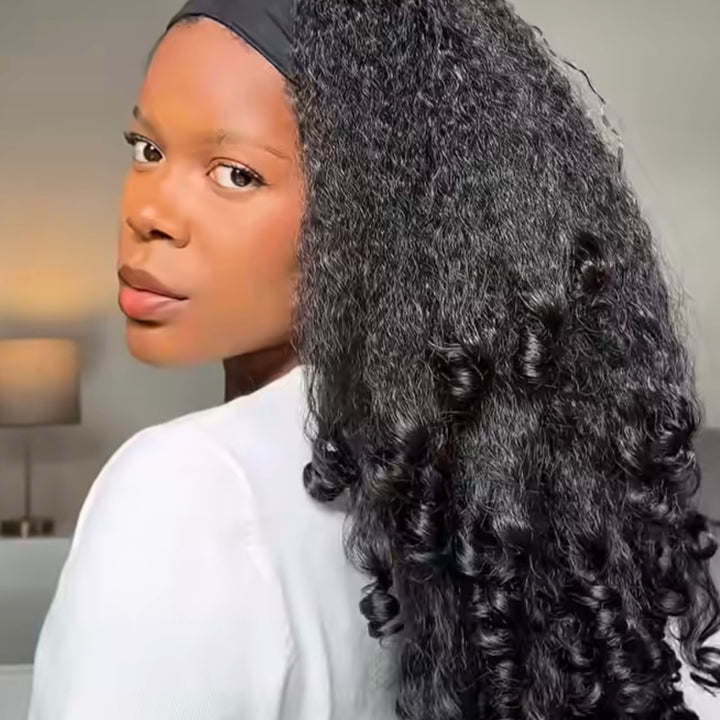 Kinky Curly Glueless No Lace Stirnband Lange Perücke 100 % Echthaar