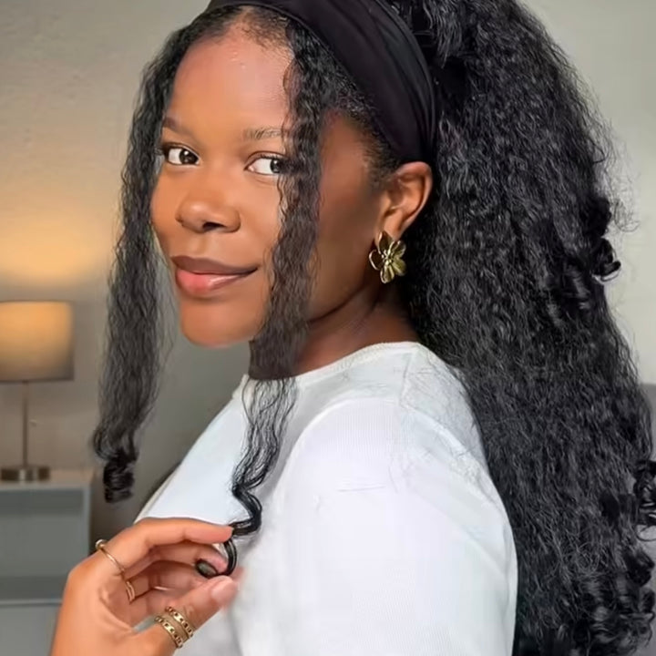 Kinky Curly Glueless No Lace Stirnband Lange Perücke 100 % Echthaar