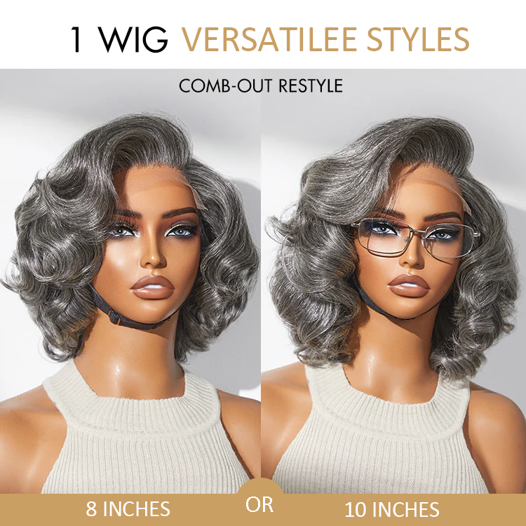 TianaHair Mature Boss Salt and Pepper Bouncy Egg Curls Glueless Transparent Lace Grey Wig.