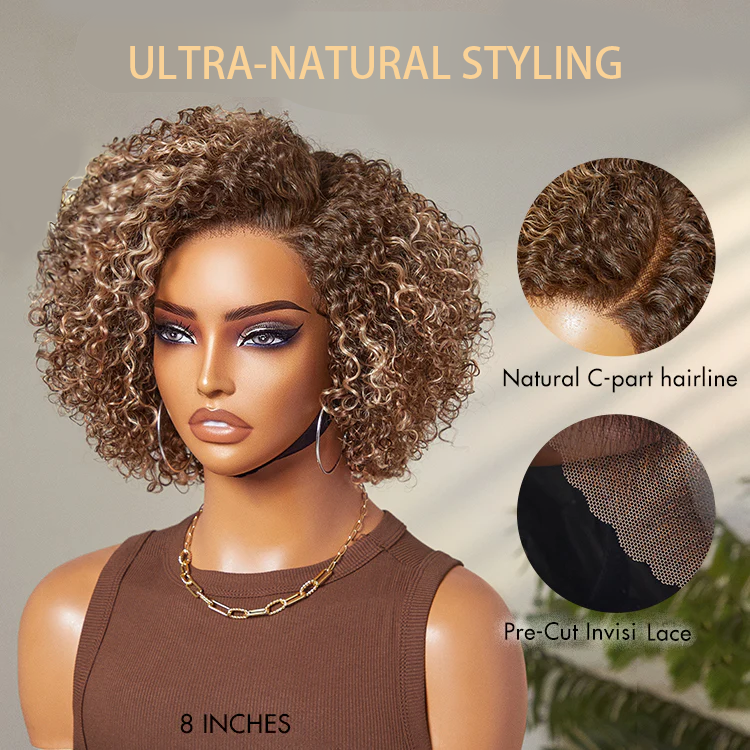 6x4 Lace Ash Blonde Highlight Short Kinky Curly Wear And Go Glueless Wig