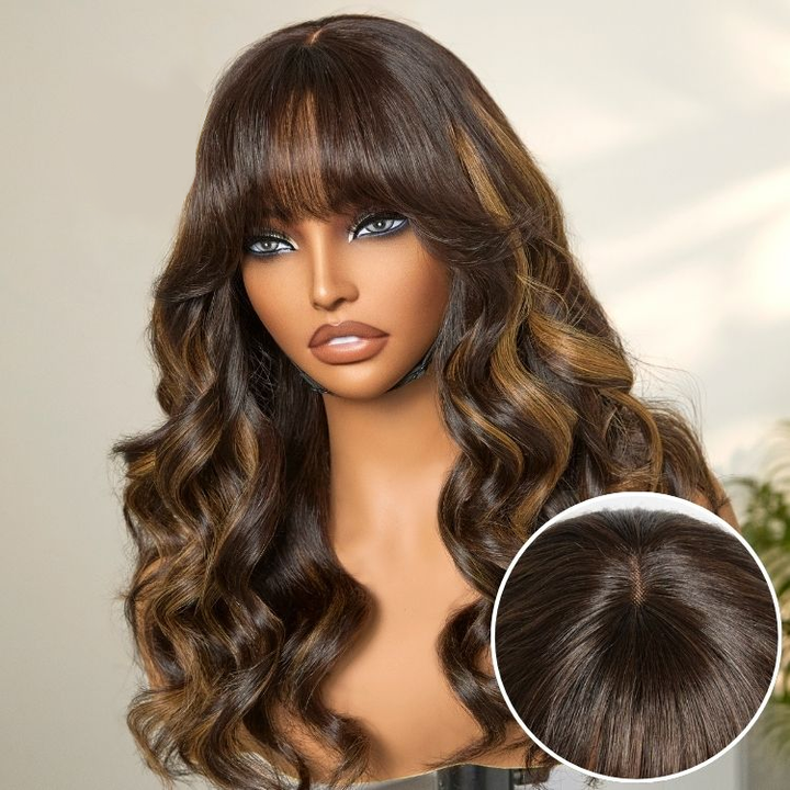 Blonde Highlight 6x4 Lace Loose Wave Wear And Go Glueless Wig with Bangs