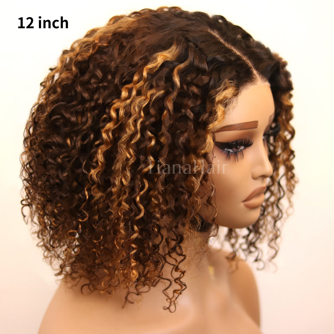 Ombre Blonde Highlight Tief Lockig Kleberfreie 4x4 Spitze Perücke Bereit Zu Gehen 