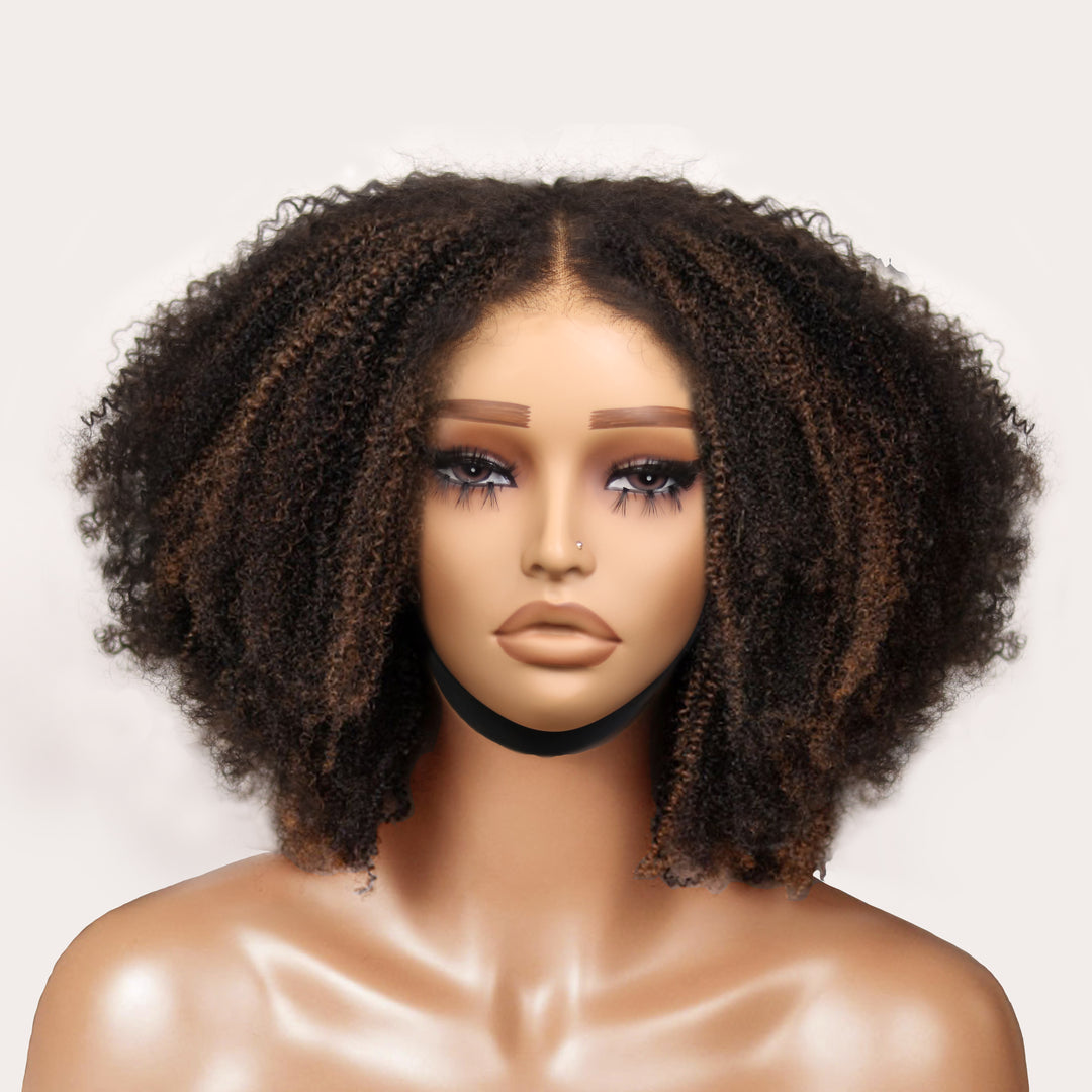 Afro Kinky Curly Brown Highlight 6x4 Pre-Everyhthing & Transparent Lace Wear Go Glueless Wig