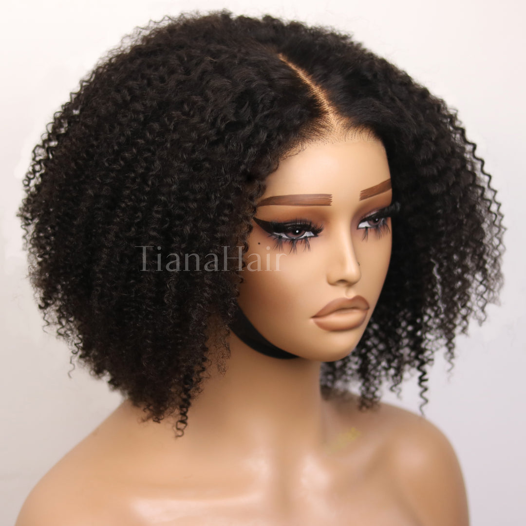 Perruque Afro Kinky Curly 6x4 pré-assemblée et transparente en dentelle sans colle 