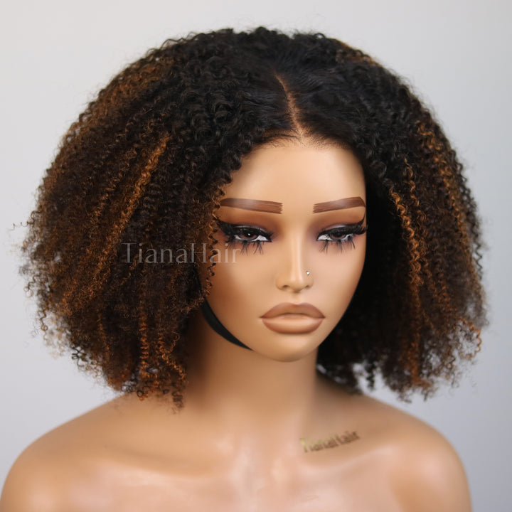Afro Kinky Curly Brown Highlight 6x4 Pre-Everyhthing & Transparent Lace Wear Go Glueless Wig