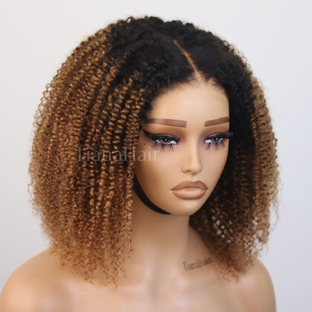 Afro Kinky Curly Ombre Chestnut Brown 6x4 Pre-Everyhthing & Transparent Lace Wear Go Glueless Wig