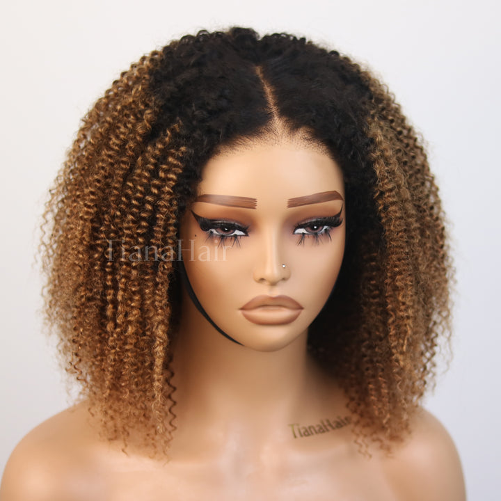 Afro Kinky Curly Ombre Chestnut Brown 6x4 Pre-Everyhthing & Transparent Lace Wear Go Glueless Wig