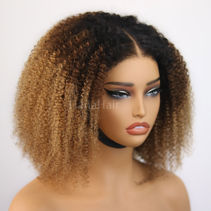 6x4 Transparent Lace Afro Kinky Curly Ombre Blonde Pre-Everyhthing Wear Go Glueless Wig