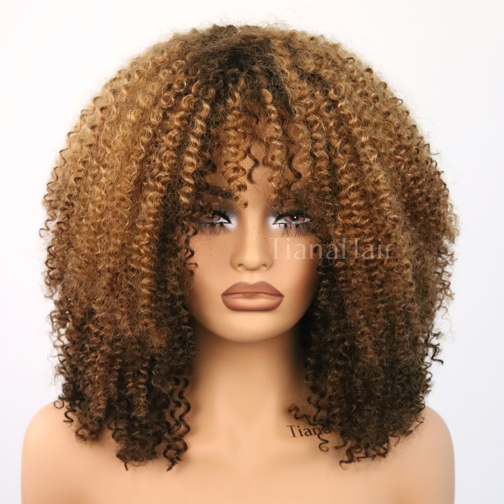 Shaggy Wolf Cut Throw On &amp; Go Afro Curly Kleberfreie kurze lockige Perücke mit Pony 