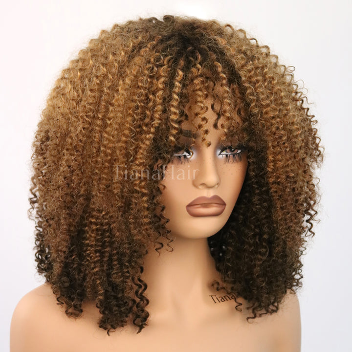 Shaggy Wolf Cut Throw On &amp; Go Afro Curly Kleberfreie kurze lockige Perücke mit Pony 