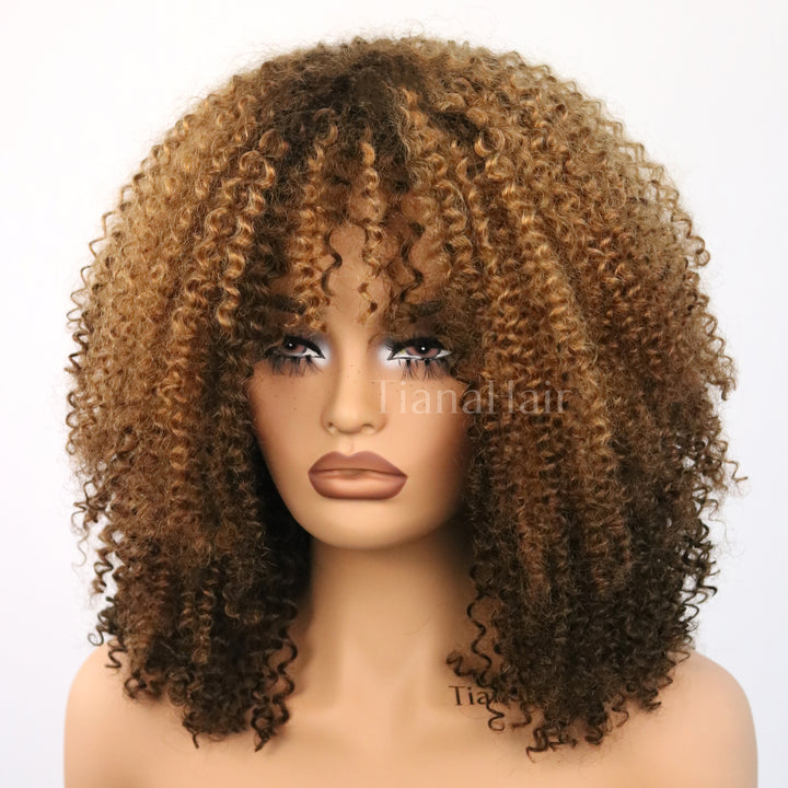 Shaggy Wolf Cut Throw On &amp; Go Afro Curly Kleberfreie kurze lockige Perücke mit Pony 