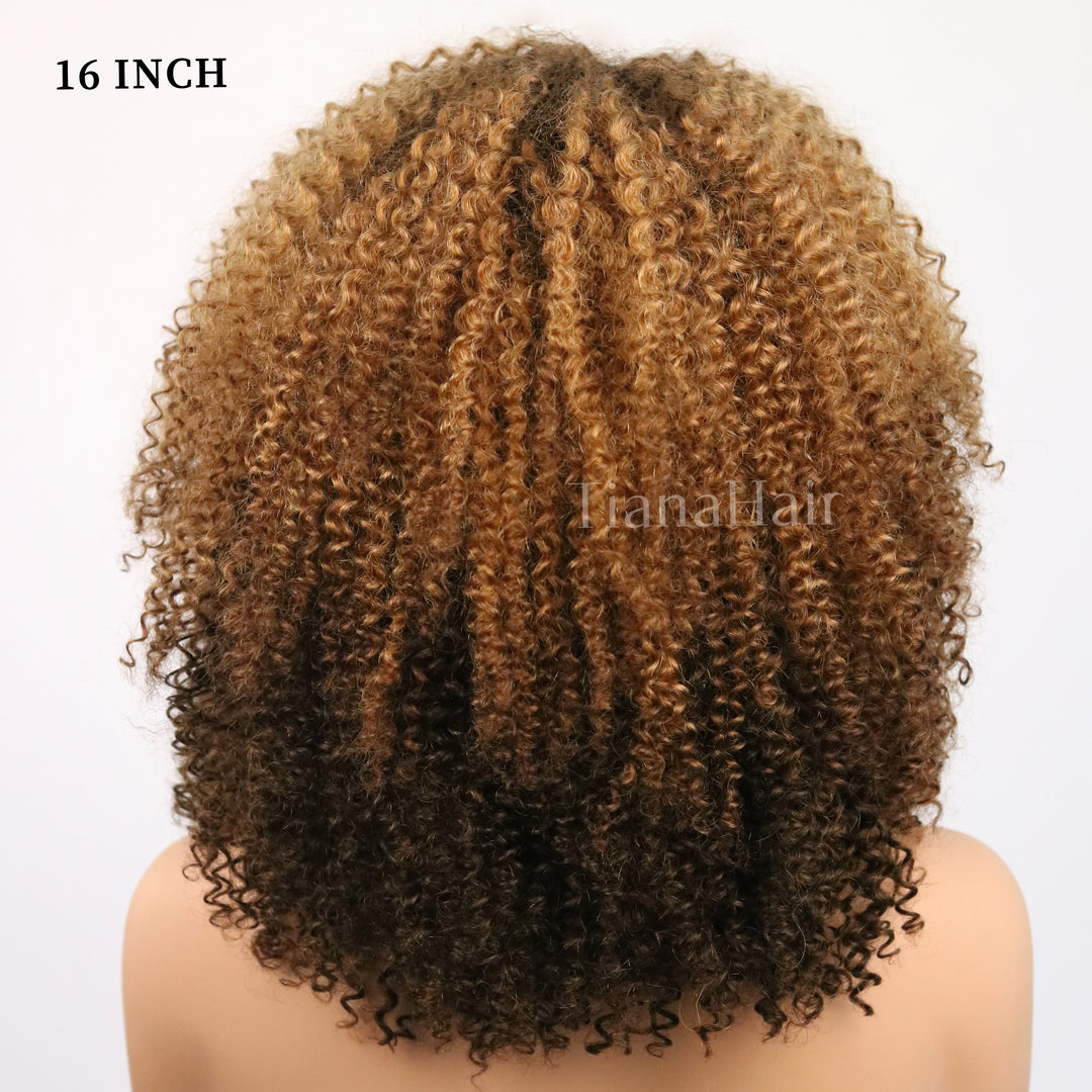 Shaggy Wolf Cut Throw On &amp; Go Afro Curly Kleberfreie kurze lockige Perücke mit Pony 