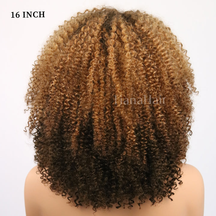 Shaggy Wolf Cut Throw On &amp; Go Afro Curly Kleberfreie kurze lockige Perücke mit Pony 