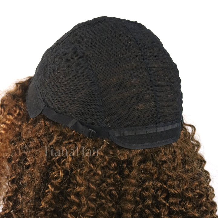 Shaggy Wolf Cut Throw On &amp; Go Afro Curly Kleberfreie kurze lockige Perücke mit Pony 