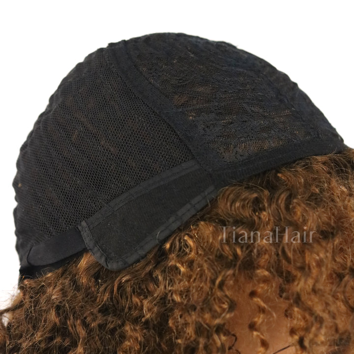 Shaggy Wolf Cut Throw On &amp; Go Afro Curly Kleberfreie kurze lockige Perücke mit Pony 