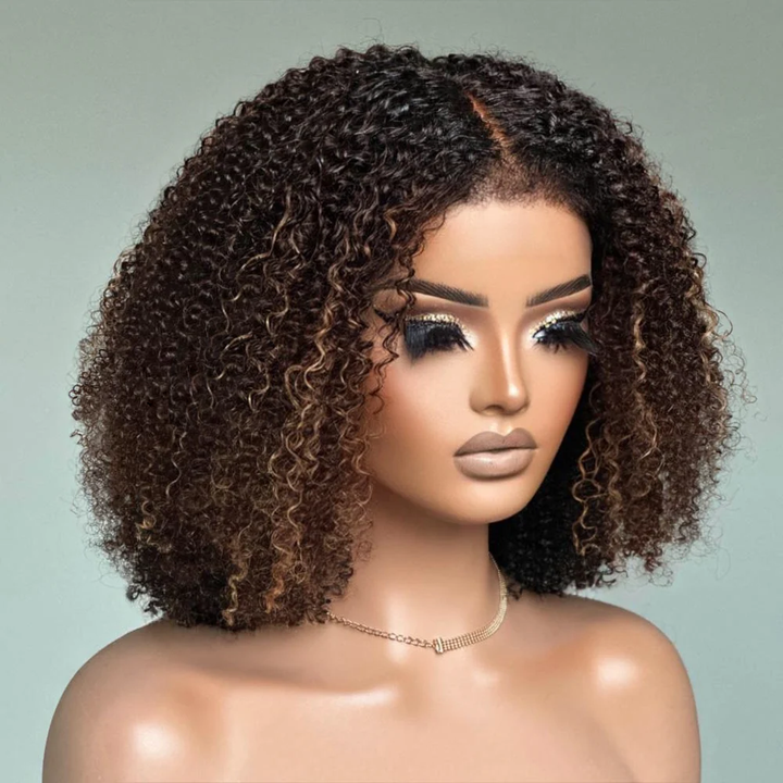 4x4/7x5 Lace Ombre Brown Highlights Afro Kinky Curly With Kinky Edges Bob Wig Pre-Everyhthing Wear Go Glueless Wig