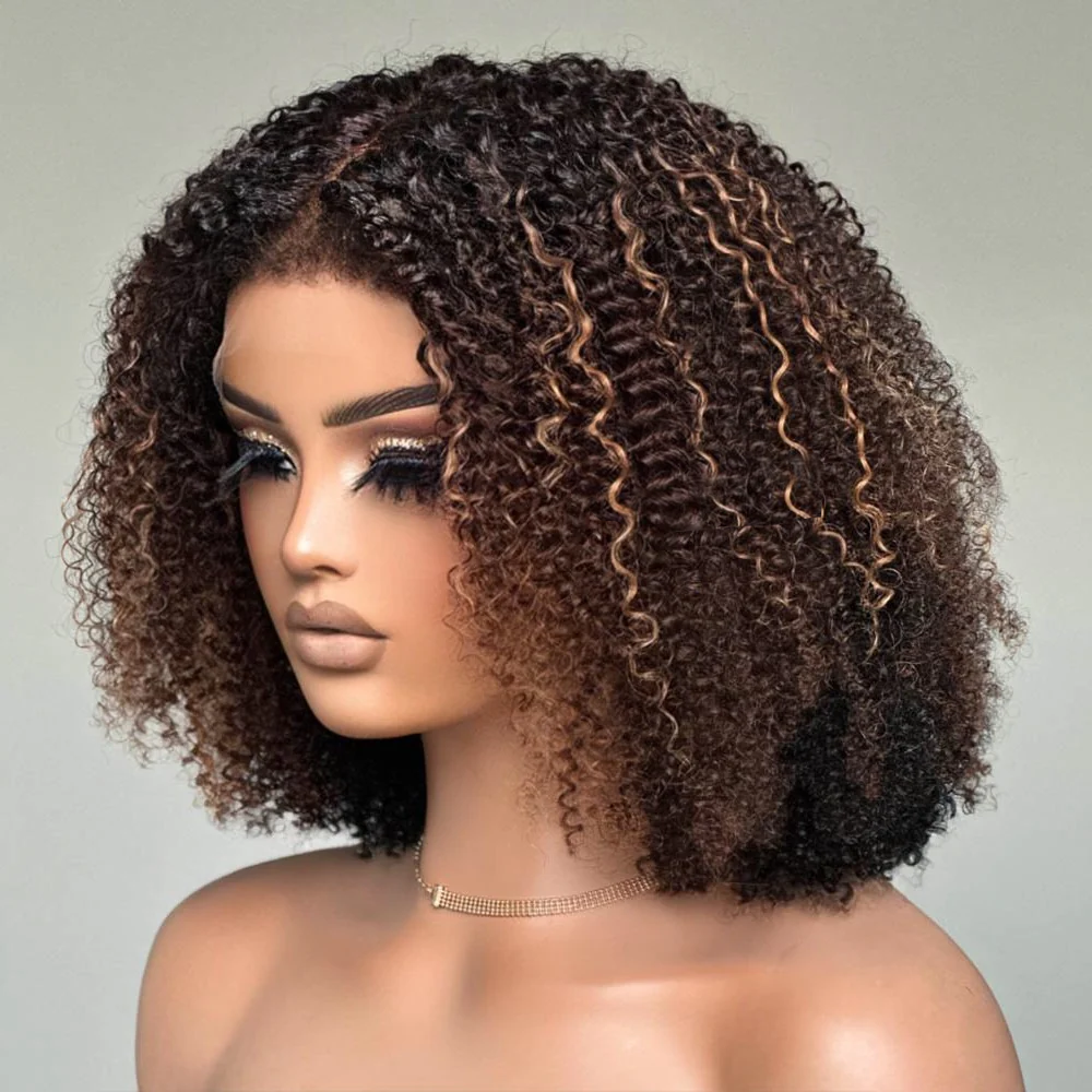 4x4/7x5 Lace Ombre Brown Highlights Afro Kinky Curly With Kinky Edges Bob Wig Pre-Everyhthing Wear Go Glueless Wig