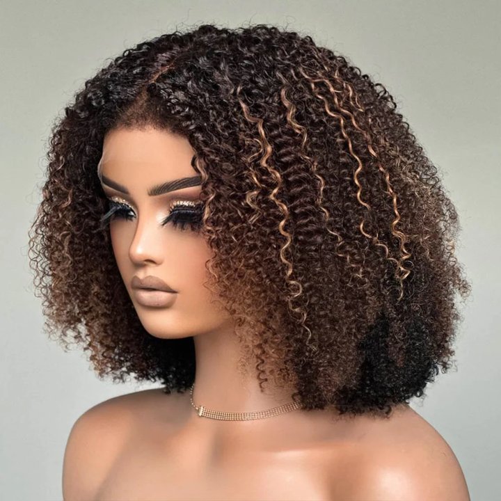 4x4/7x5 Lace Ombre Brown Highlights Afro Kinky Curly With Kinky Edges Bob Wig Pre-Everyhthing Wear Go Glueless Wig