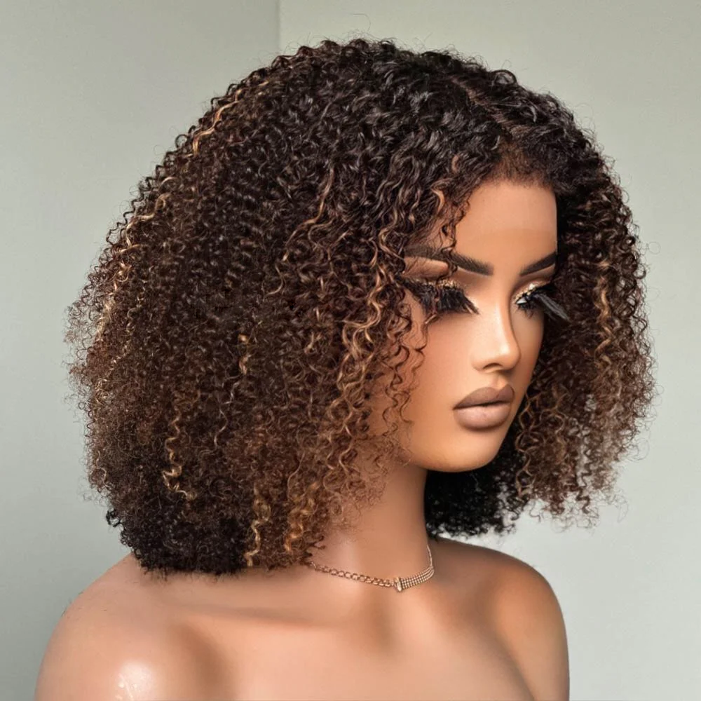 4x4/7x5 Lace Ombre Brown Highlights Afro Kinky Curly With Kinky Edges Bob Wig Pre-Everyhthing Wear Go Glueless Wig