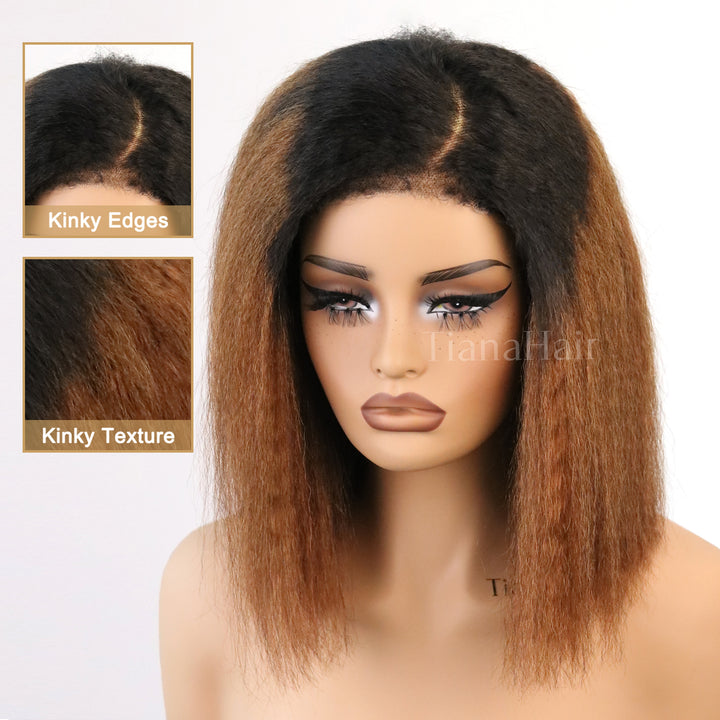 Ombre Brown Kinky Straight Bob 4X4 Lace With Kinky Edges Glueless Wig