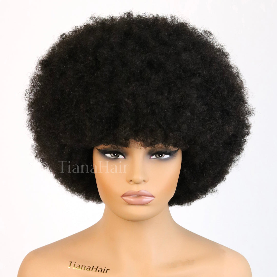Afro Curly Bangs Wig Short Bob Fluffy Full Machine Made 100% Human Hair Wig